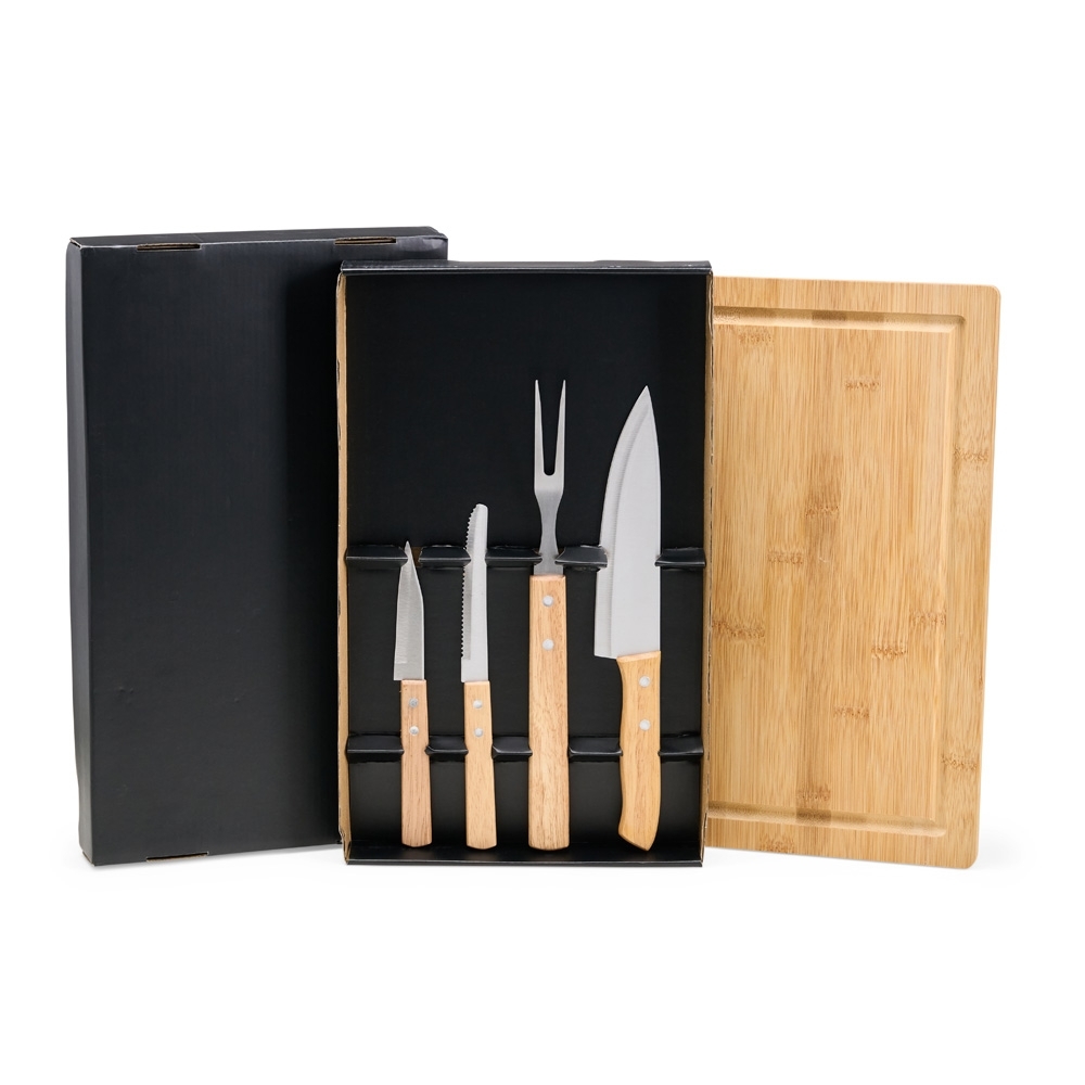Kit churrasco 5 peças com facas, garfo e tábua de bambu personalizado com a logo da empresa