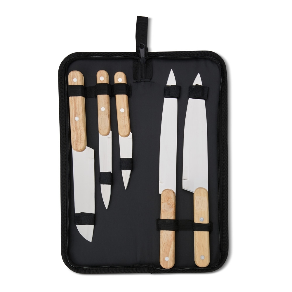 Kit churrasco com 5 facas de cabo de madeira em estojo de nylon na cor Preto, personalizado com a logo da empresa