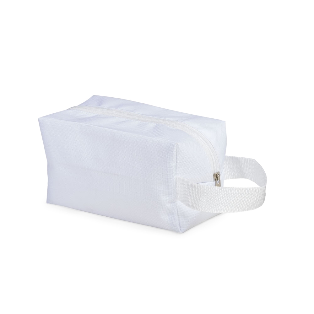 Nécessaire de nylon (12 x 18,5 x 8,5 cm) personalizada com a logo da empresa, na cor branco
