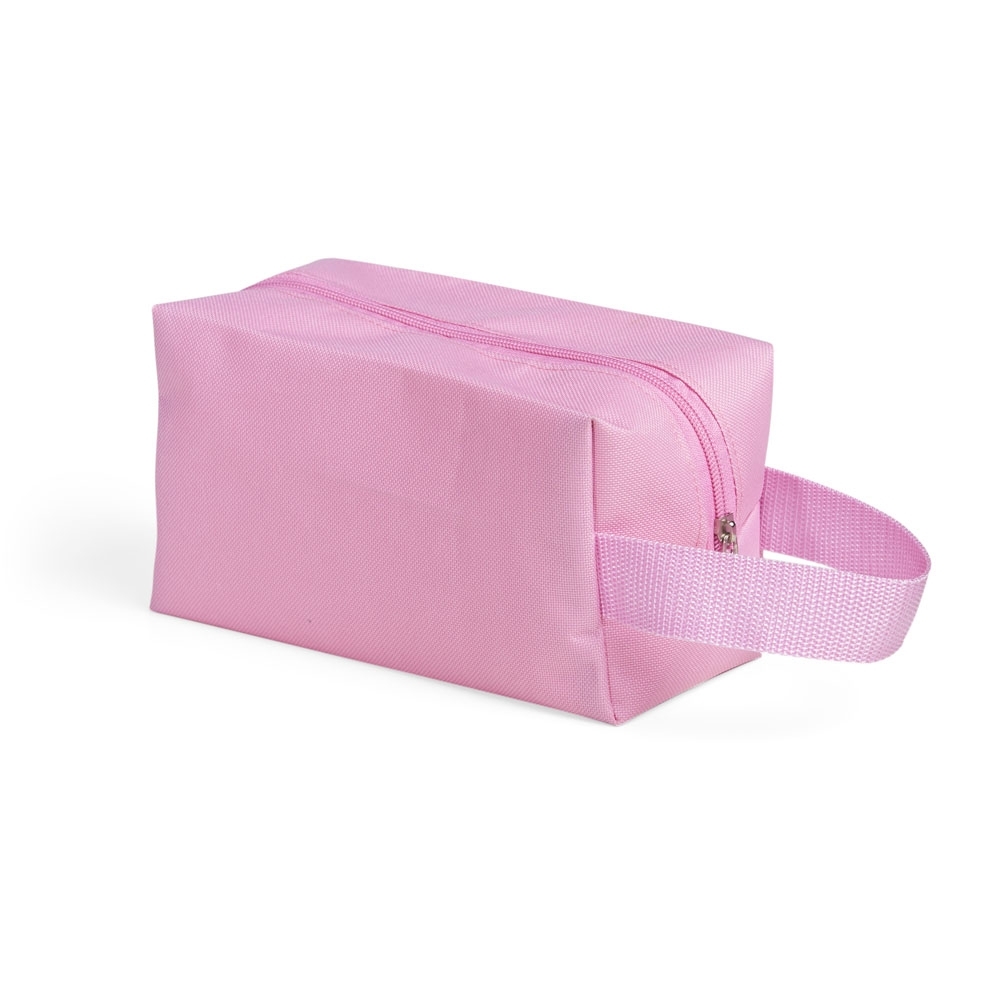 Nécessaire de nylon (12 x 18,5 x 8,5 cm) personalizada com a logo da empresa, na cor rosa
