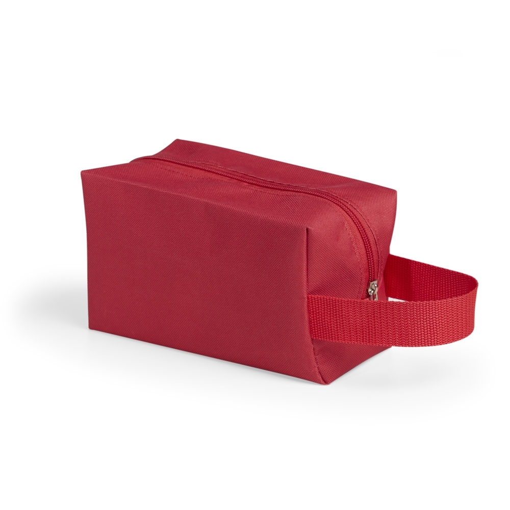 Nécessaire de nylon (12 x 18,5 x 8,5 cm) personalizada com a logo da empresa, na cor vermelho