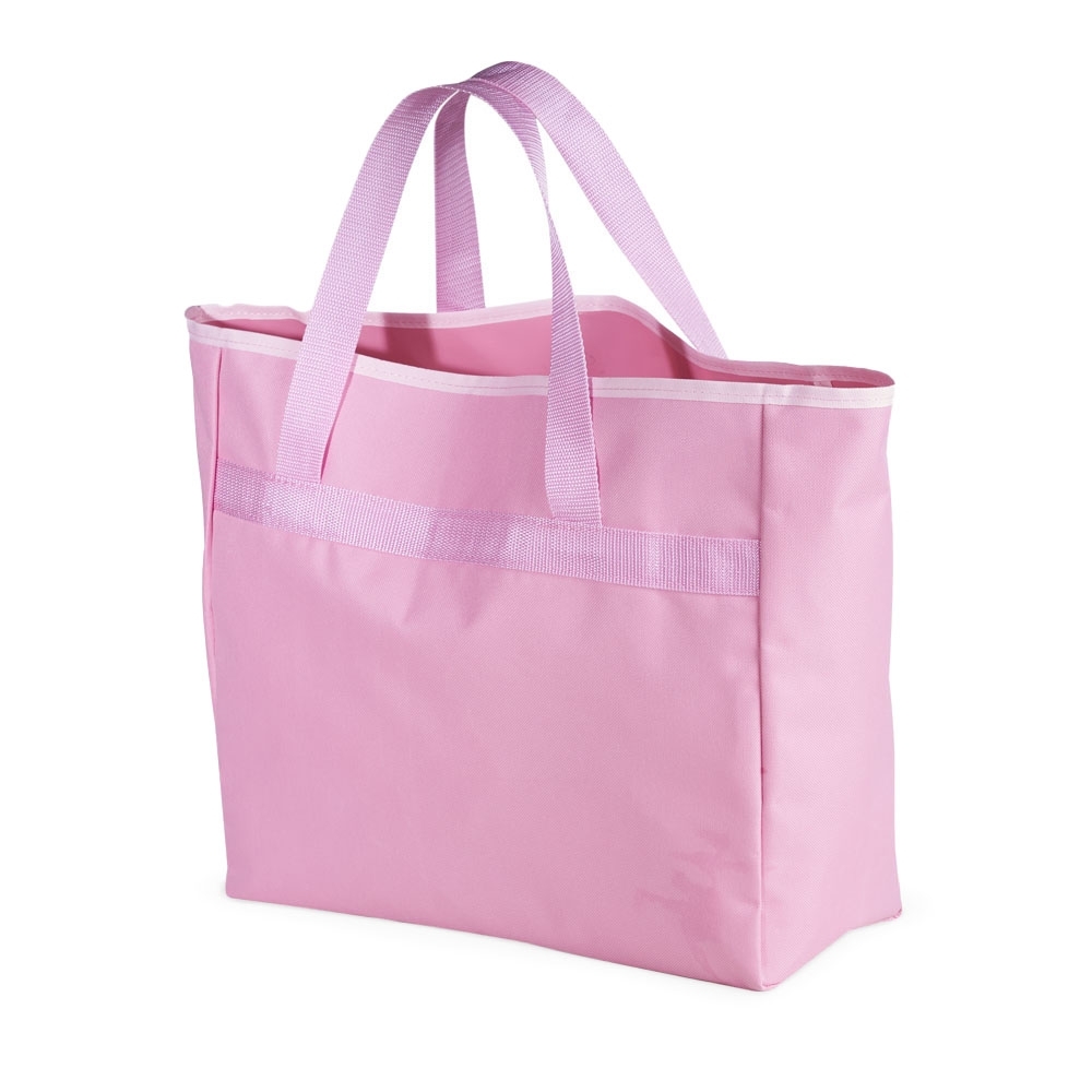 Sacola em nylon personalizada com a logo da empresa, na cor rosa