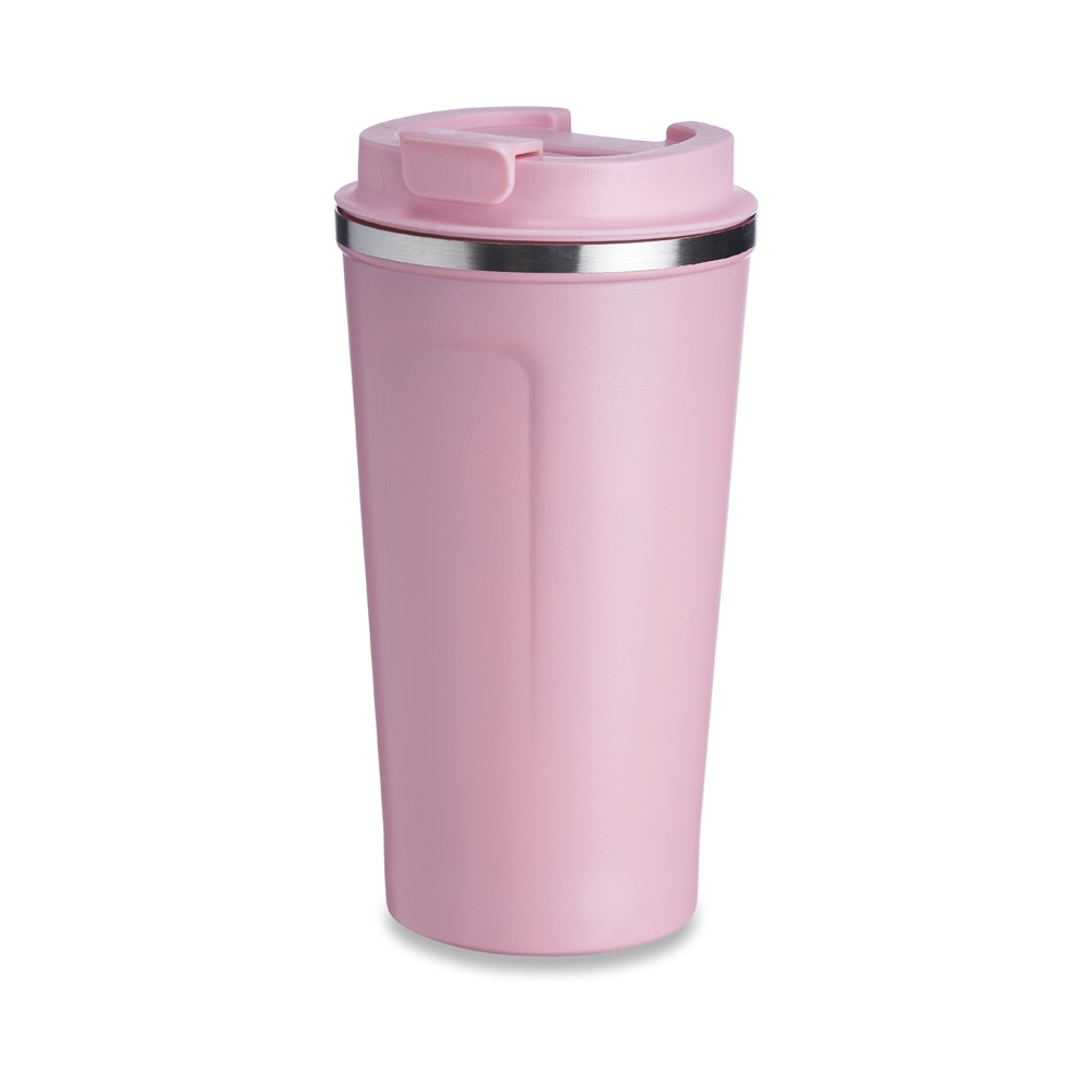 Copo térmico 500 ml de inox para café personalizado com a logo da empresa, na cor rosa / inox
