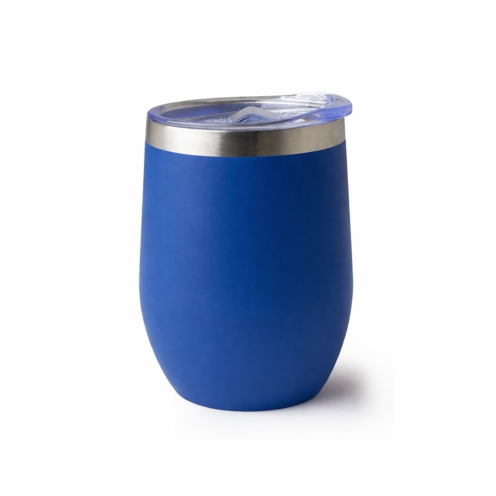 Copo térmico inox 320 ml fosco com tampa e trava personalizado com a logo da empresa, na cor azul / inox