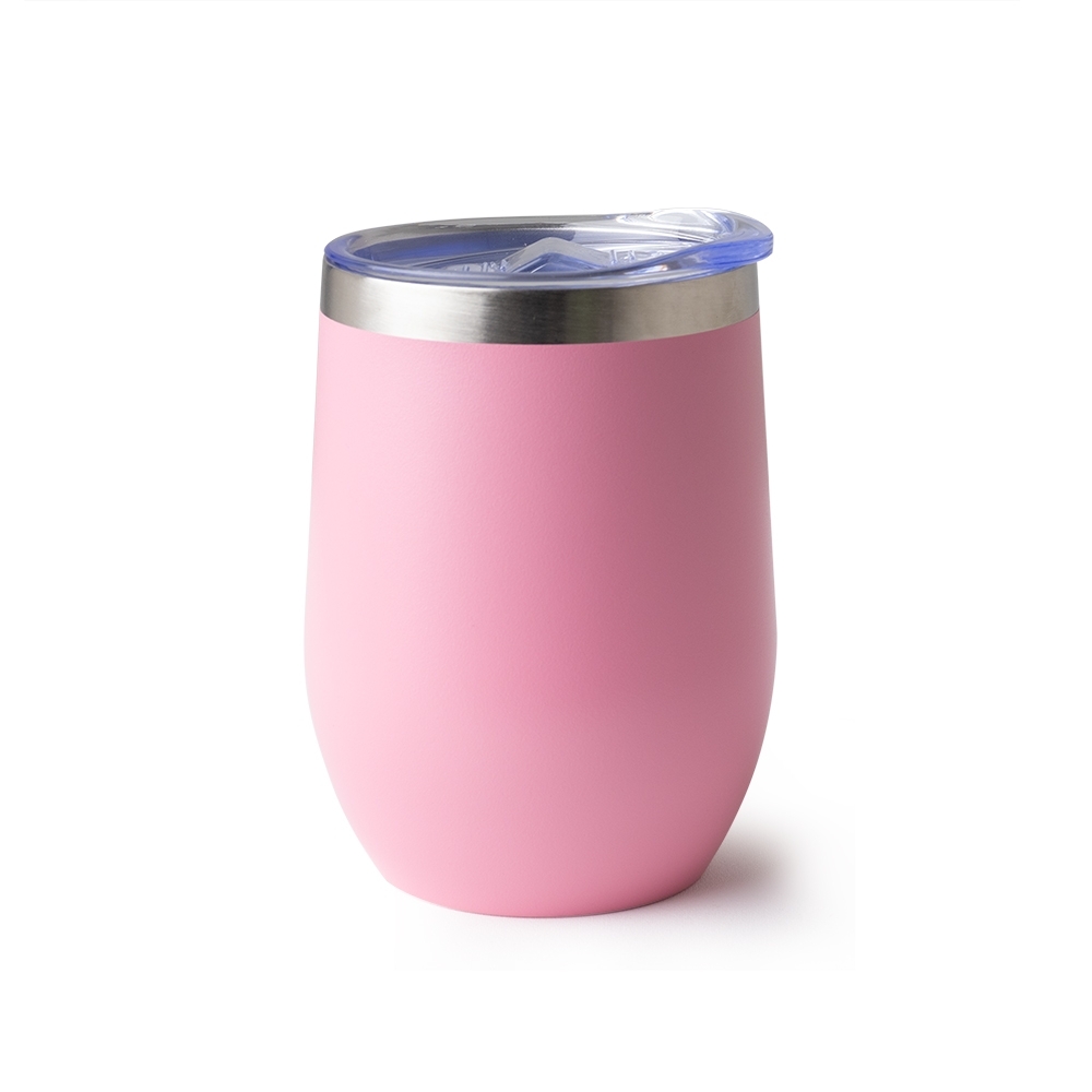 Copo térmico inox 320 ml fosco com tampa e trava personalizado com a logo da empresa, na cor rosa / inox