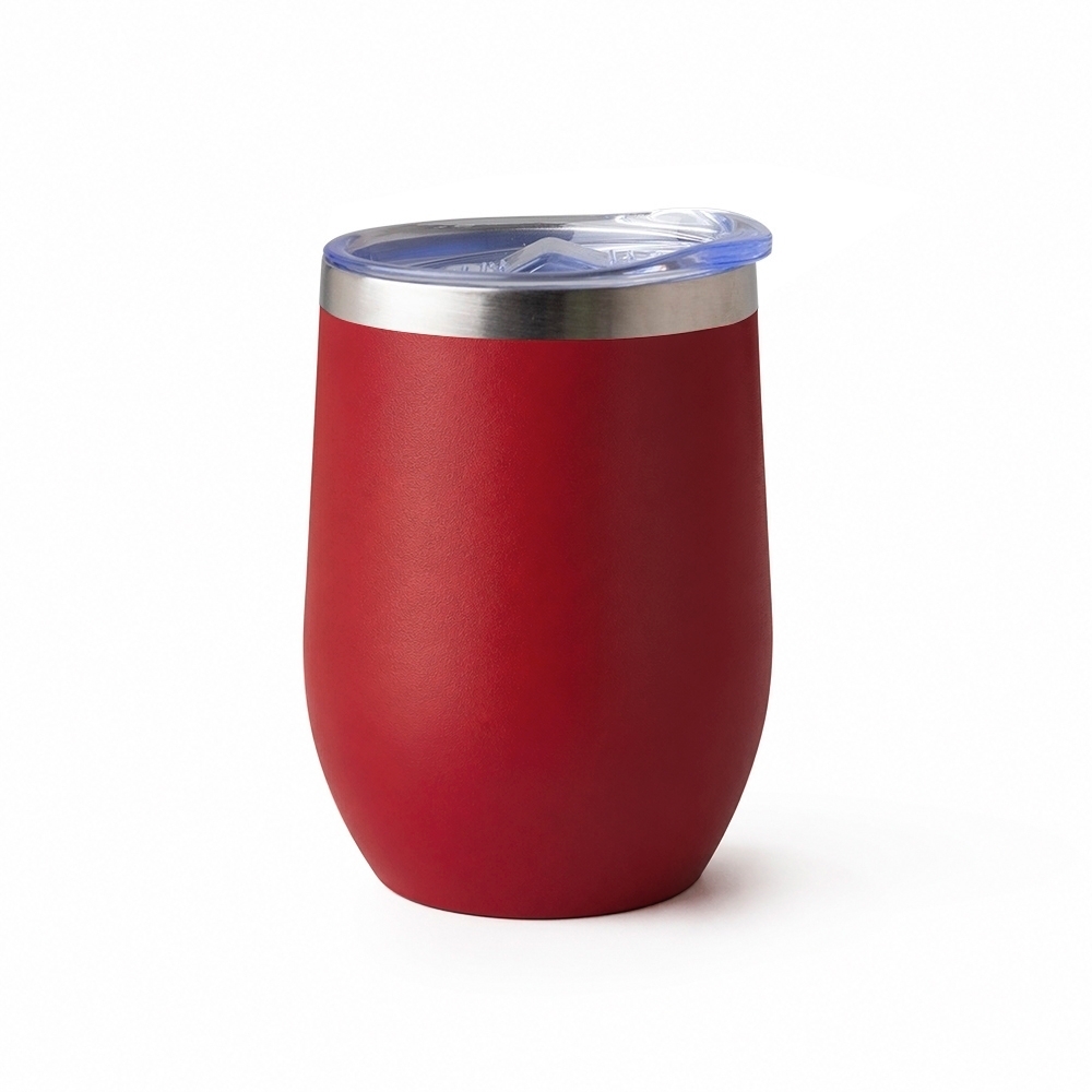 Copo térmico inox 320 ml fosco com tampa e trava personalizado com a logo da empresa, na cor vermelho / inox