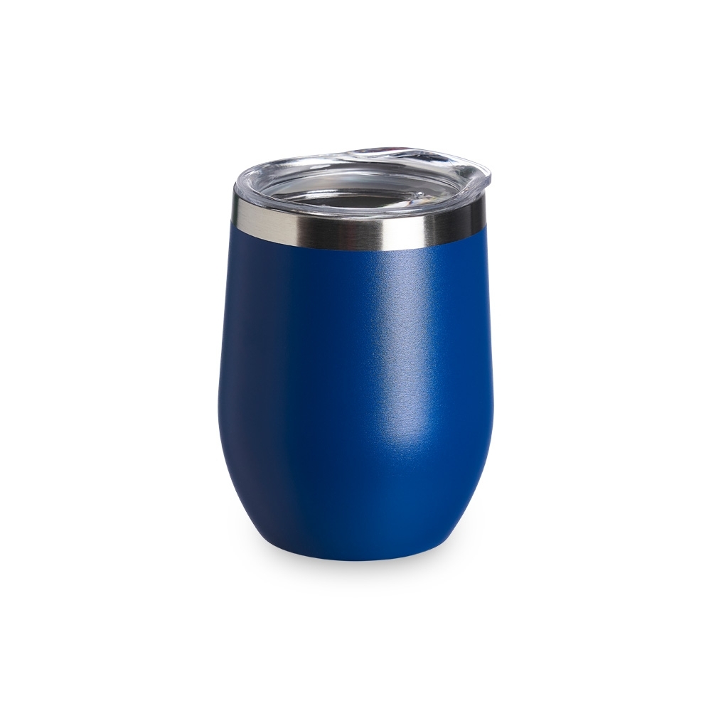 Copo térmico inox 320 ml brilhante com tampa de bocal personalizado com a logo da empresa, na cor azul