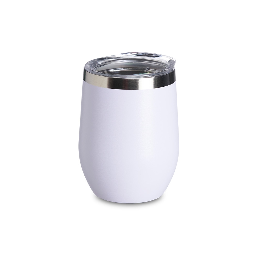 Copo térmico inox 320 ml brilhante com tampa de bocal personalizado com a logo da empresa, na cor branco