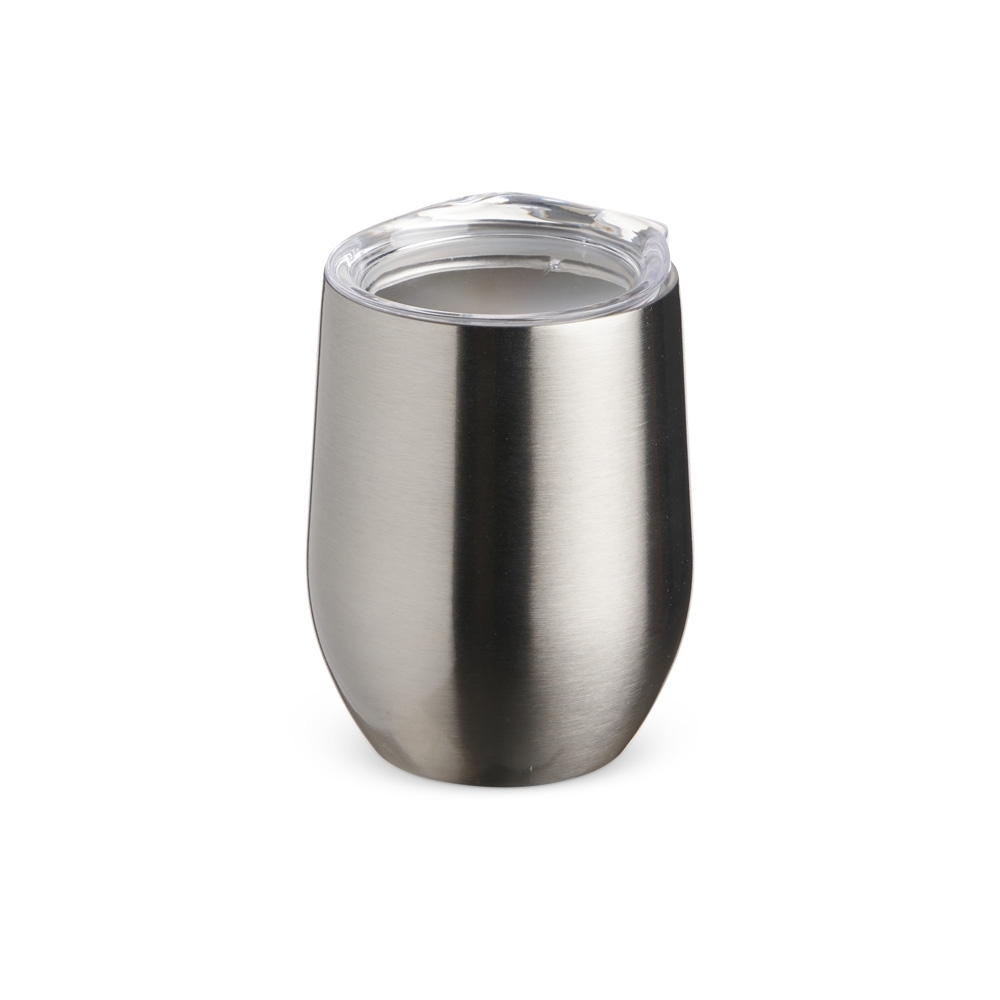 Copo térmico inox 320 ml brilhante com tampa de bocal personalizado com a logo da empresa, na cor inox