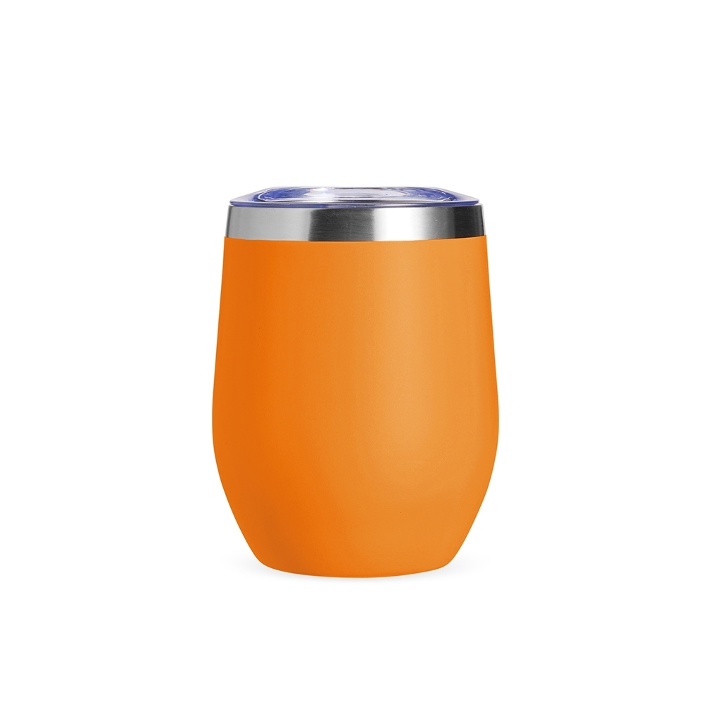 Copo térmico inox 320 ml brilhante com tampa de bocal personalizado com a logo da empresa, na cor laranja