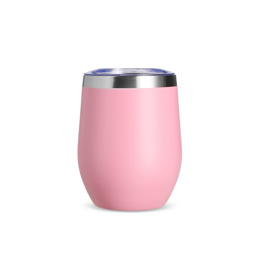 Copo térmico inox 320 ml brilhante com tampa de bocal personalizado com a logo da empresa, na cor rosa / inox