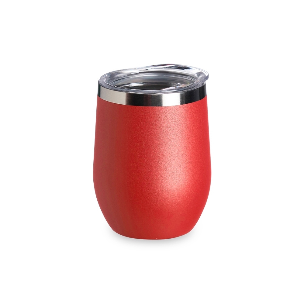 Copo térmico inox 320 ml brilhante com tampa de bocal personalizado com a logo da empresa, na cor vermelho / inox