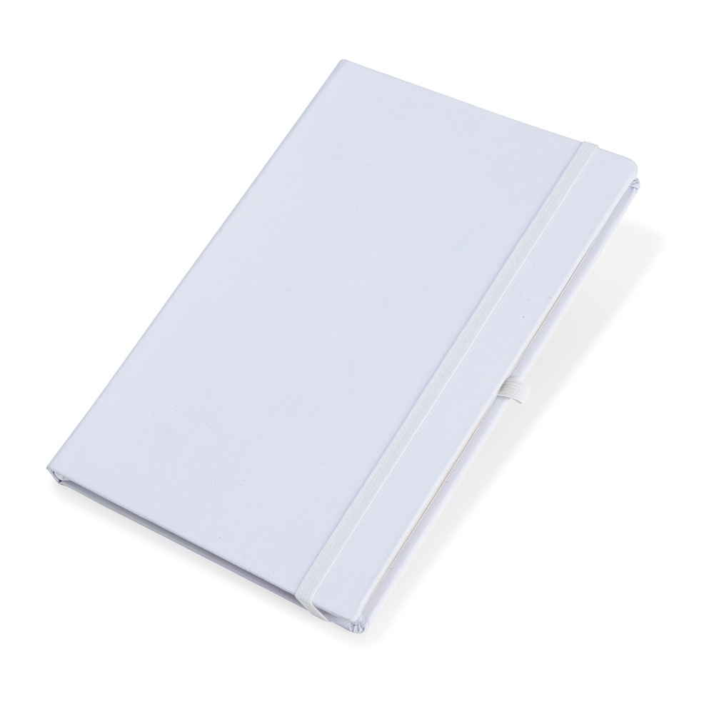 Caderneta percalux com porta-caneta e 80 folhas na cor Branco / Chumbo, personalizada com a logo da empresa