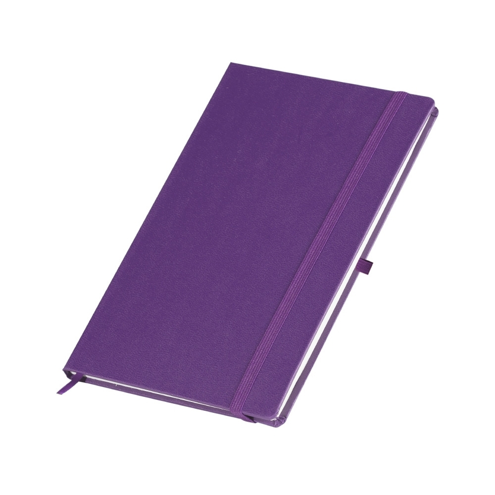Caderneta percalux com porta-caneta e 80 folhas personalizada com a logo da empresa, na cor roxo