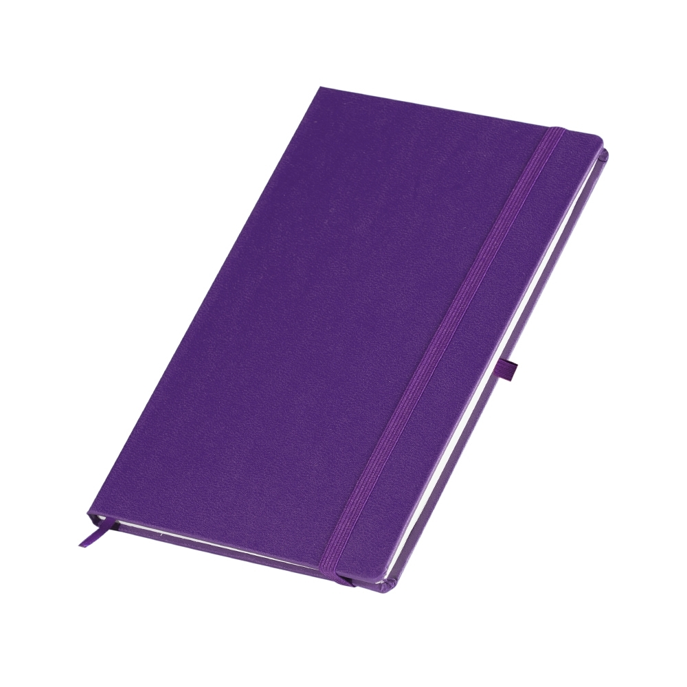 Caderneta percalux com 80 folhas personalizada com a logo da empresa, na cor roxo