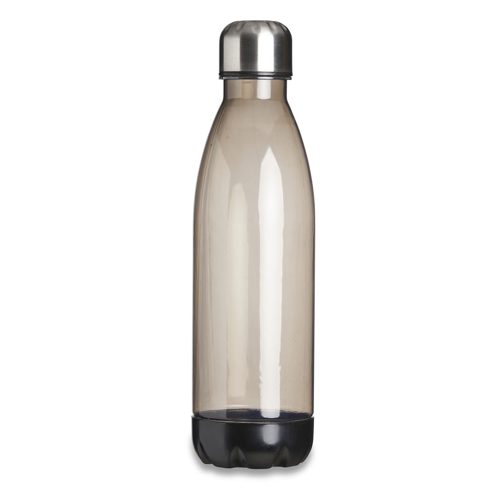 Garrafa translúcida 700 ml de plástico com tampa de alumínio na cor Fumê / Inox, personalizada com a logo da empresa