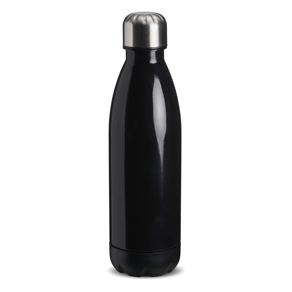 Garrafa plástica 700 ml com tampa de alumínio na cor Preto / Inox, personalizada com a logo da empresa