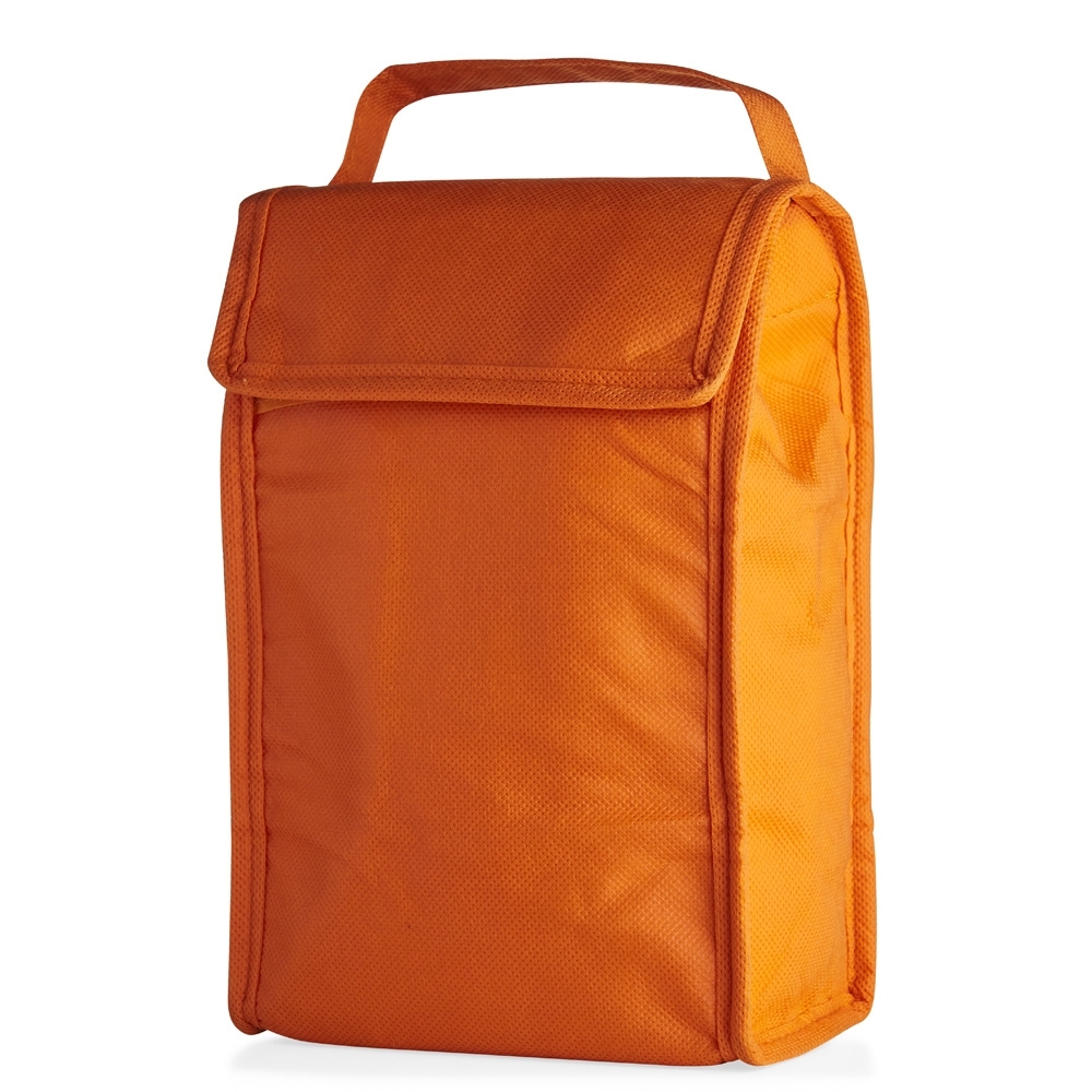 Bolsa térmica dobrável 3 litros de TNT personalizada com a logo da empresa, na cor laranja