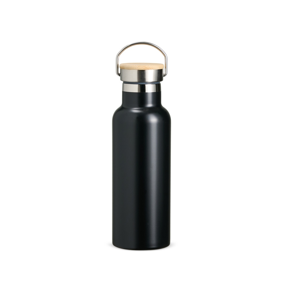 Garrafa térmica inox 500 ml com tampa de inox e alça na cor Preto / Inox, personalizada com a logo da empresa