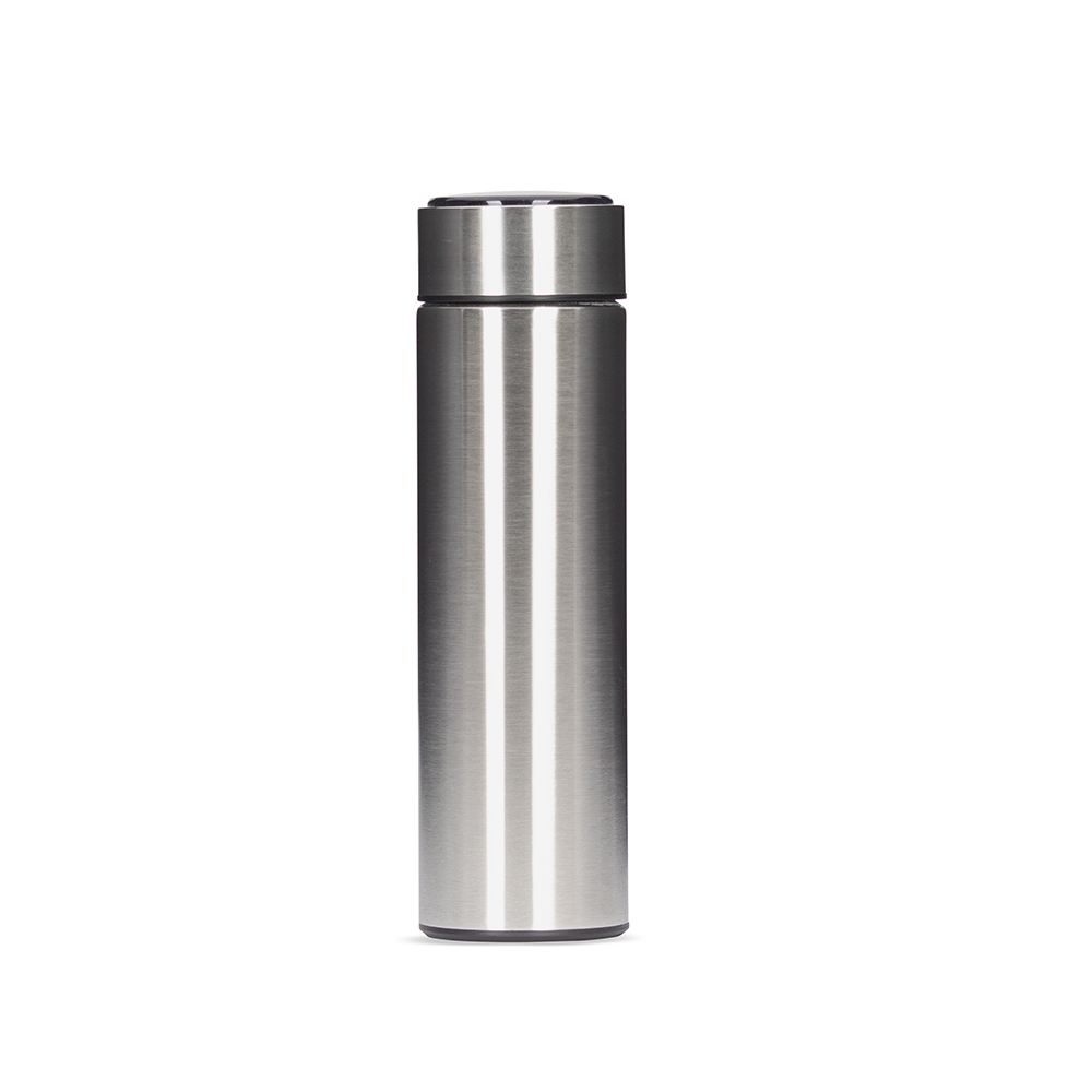 Garrafa térmica 400 ml de inox com termômetro e infusor personalizada com a logo da empresa, na cor inox