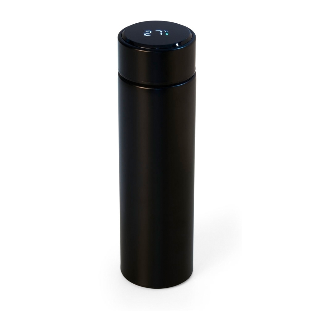 Garrafa térmica 400 ml de inox com termômetro e infusor na cor Preto, personalizada com a logo da empresa