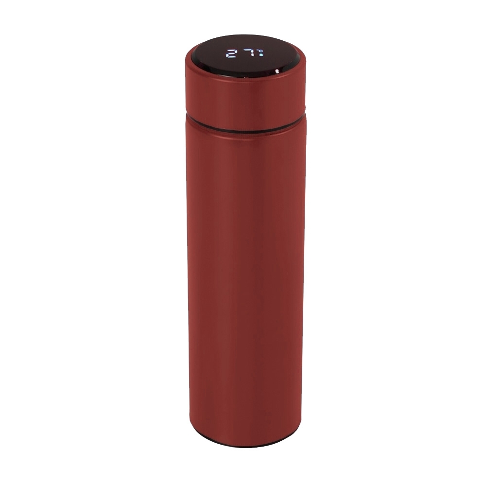 Garrafa térmica 400 ml de inox com termômetro e infusor personalizada com a logo da empresa, na cor vermelho