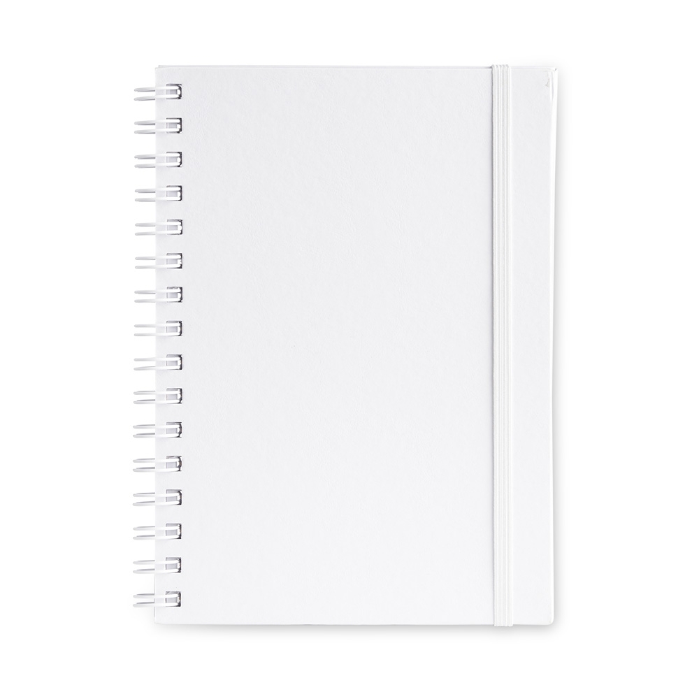 Caderno planner com 62 folhas e elástico na cor Branco, personalizado com a logo da empresa