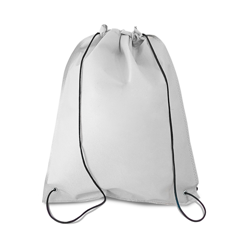 Sacochila TNT (37,5 x 32 cm) personalizada com a logo da empresa, na cor branco / preto