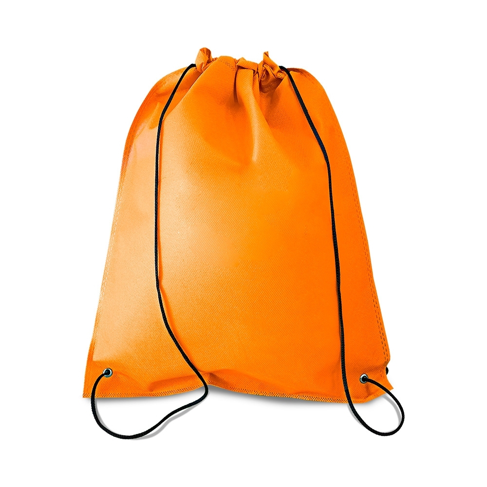 Sacochila TNT (37,5 x 32 cm) personalizada com a logo da empresa, na cor laranja / preto