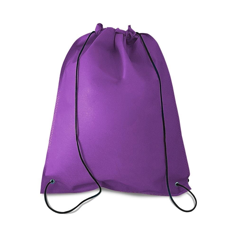 Sacochila TNT (37,5 x 32 cm) personalizada com a logo da empresa, na cor roxo / preto