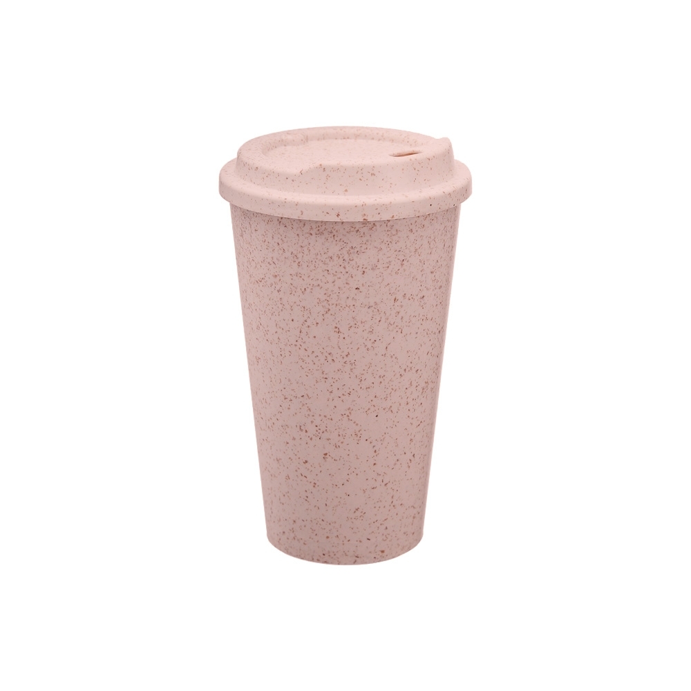 Copo de fibra de arroz 550 ml com tampa rosqueável personalizado com a logo da empresa, na cor rosa