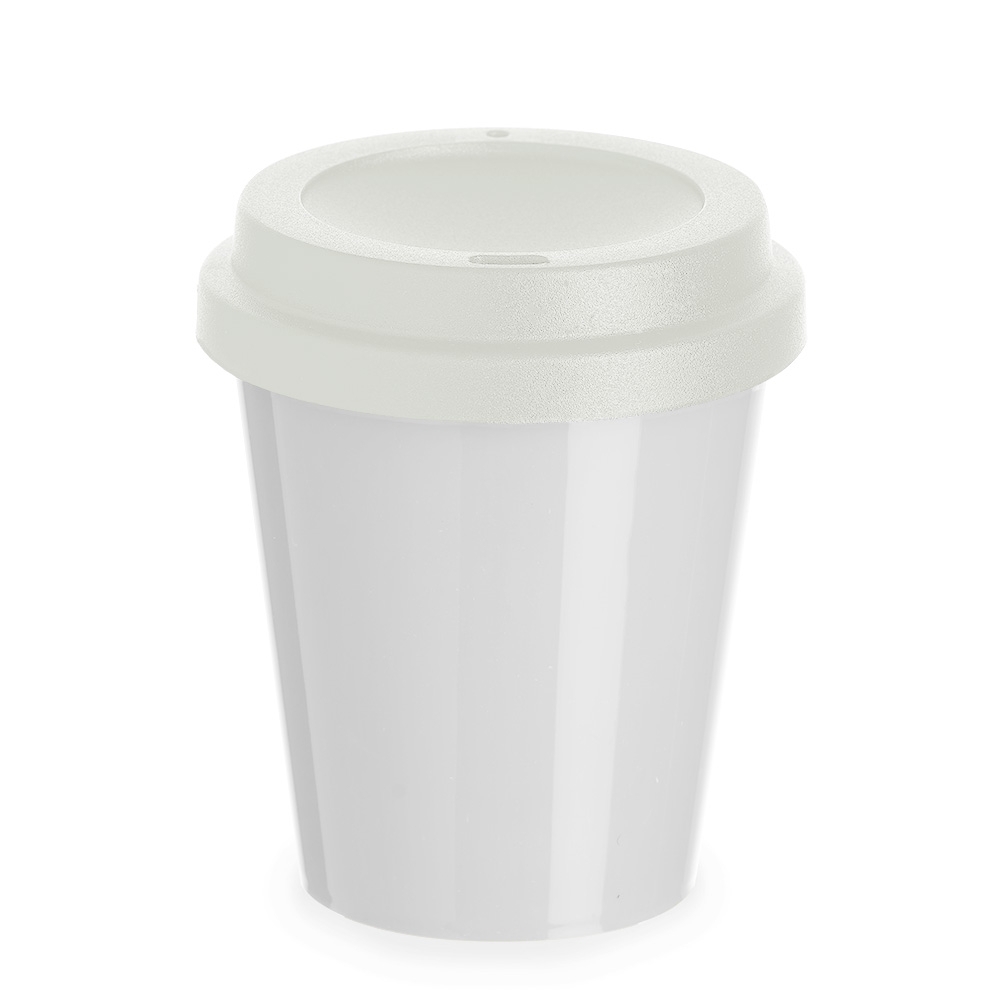 Copo plástico 350 ml com tampa e bocal personalizado com a logo da empresa, na cor branco