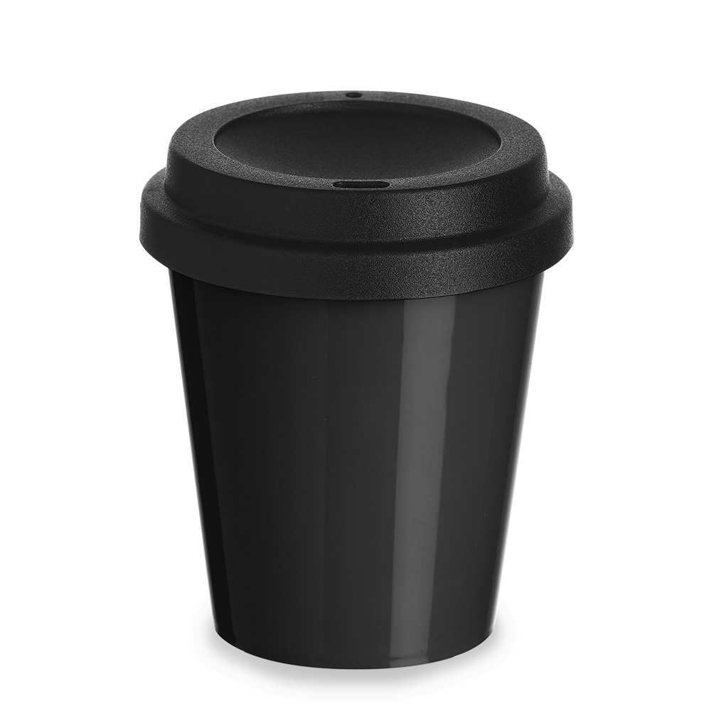 Copo plástico 350 ml com tampa e bocal na cor Preto, personalizado com a logo da empresa