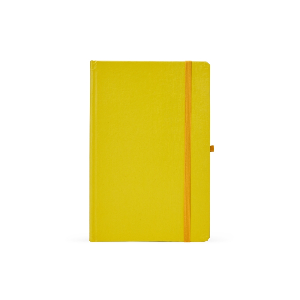 Caderneta pautada com porta caneta e 80 folhas personalizada com a logo da empresa, na cor amarelo