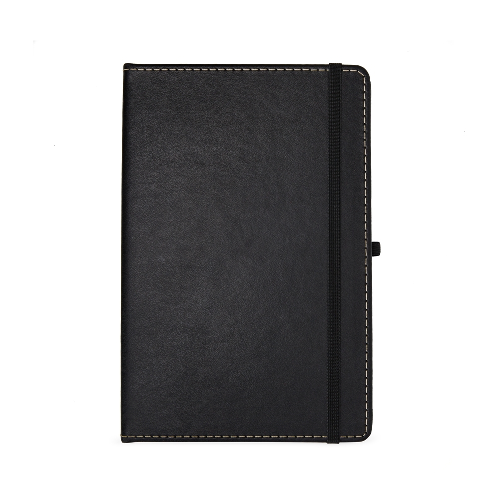 Caderneta de couro sintético com porta-caneta e folhas brancas na cor Preto, personalizada com a logo da empresa