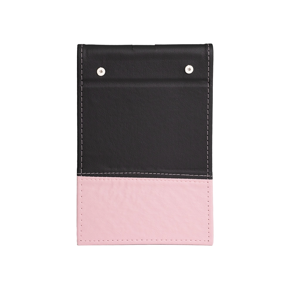 Bloco de anotações em couro sintético e porta caneta personalizado com a logo da empresa, na cor rosa