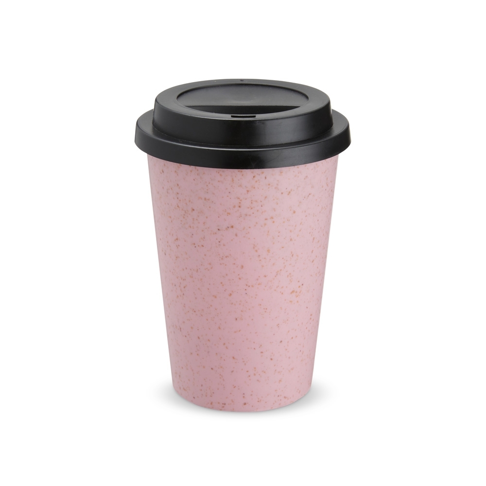Copo de fibra de arroz com tampa 450 ml sem BPA personalizado com a logo da empresa, na cor rosa / preto