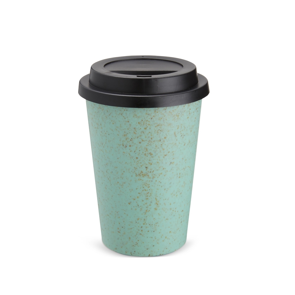 Copo de fibra de arroz com tampa 450 ml sem BPA personalizado com a logo da empresa, na cor verde / preto