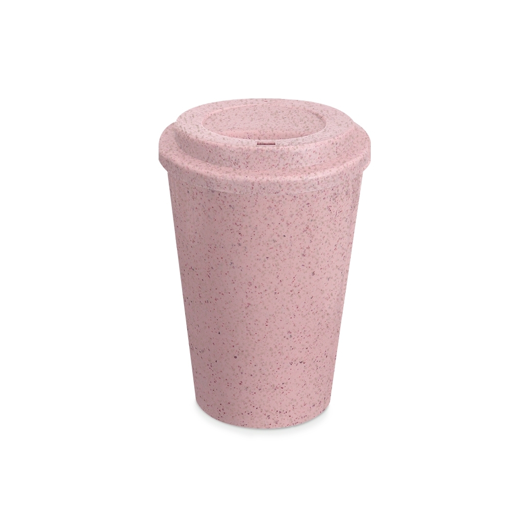 Copo de fibra de arroz 450 ml com tampa sem BPA personalizado com a logo da empresa, na cor rosa