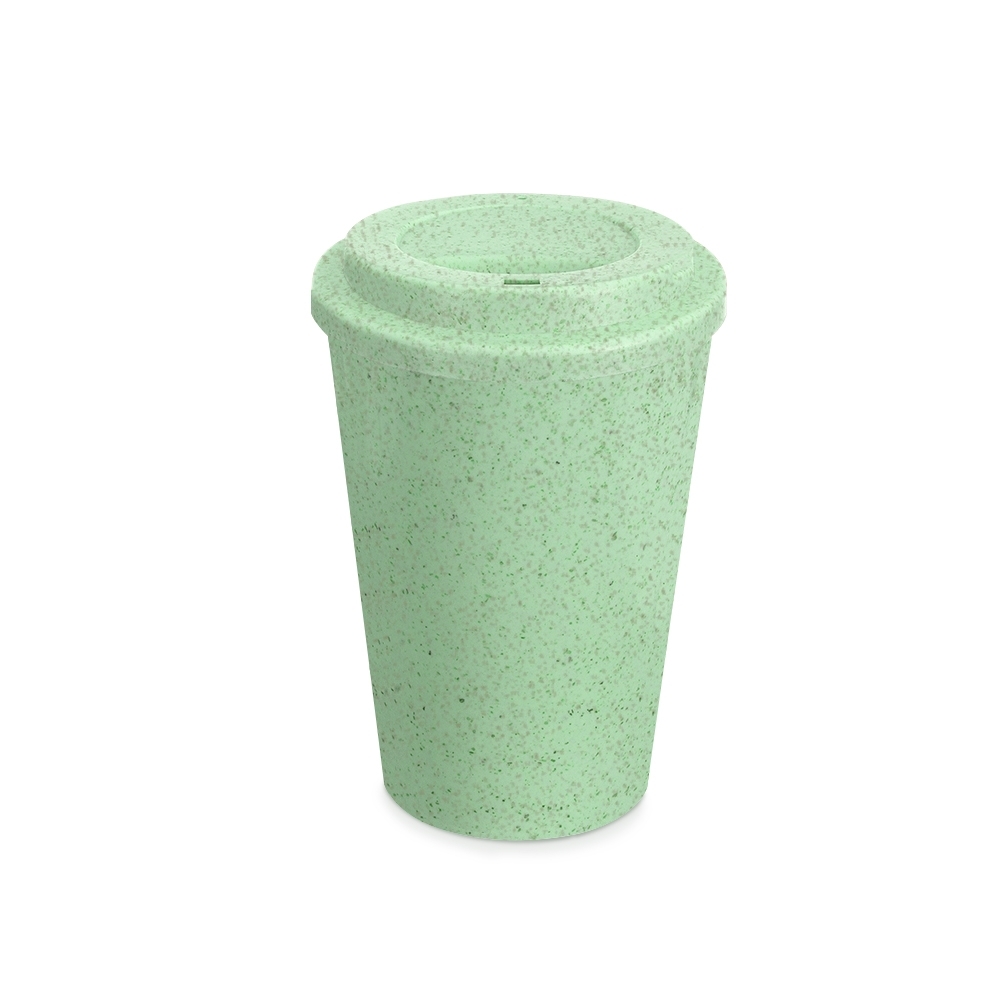 Copo de fibra de arroz 450 ml com tampa sem BPA personalizado com a logo da empresa, na cor verde