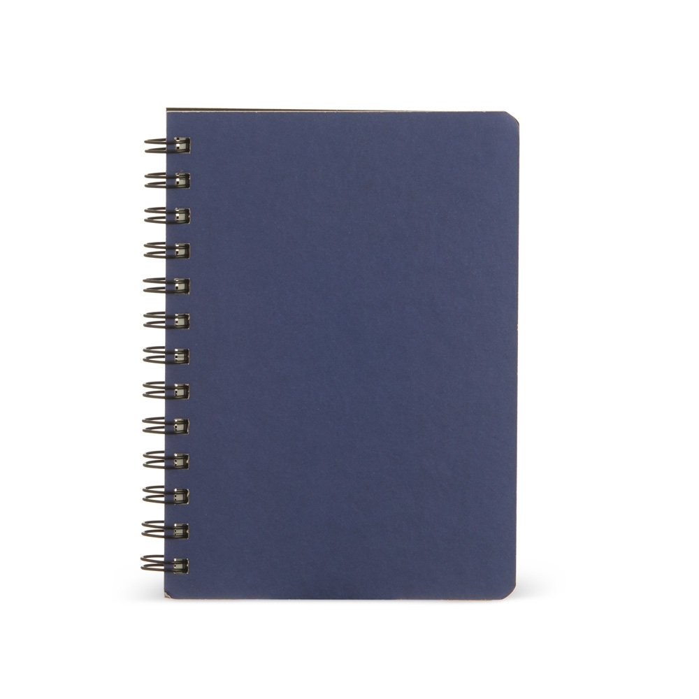 Caderneta kraft 17x13 com pauta e espiral personalizada com a logo da empresa, na cor azul