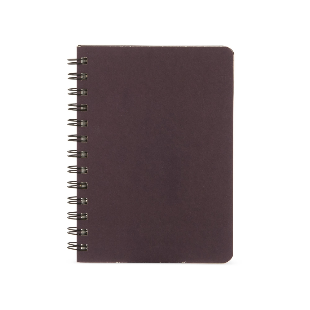 Caderneta kraft 17x13 com pauta e espiral personalizada com a logo da empresa, na cor roxo