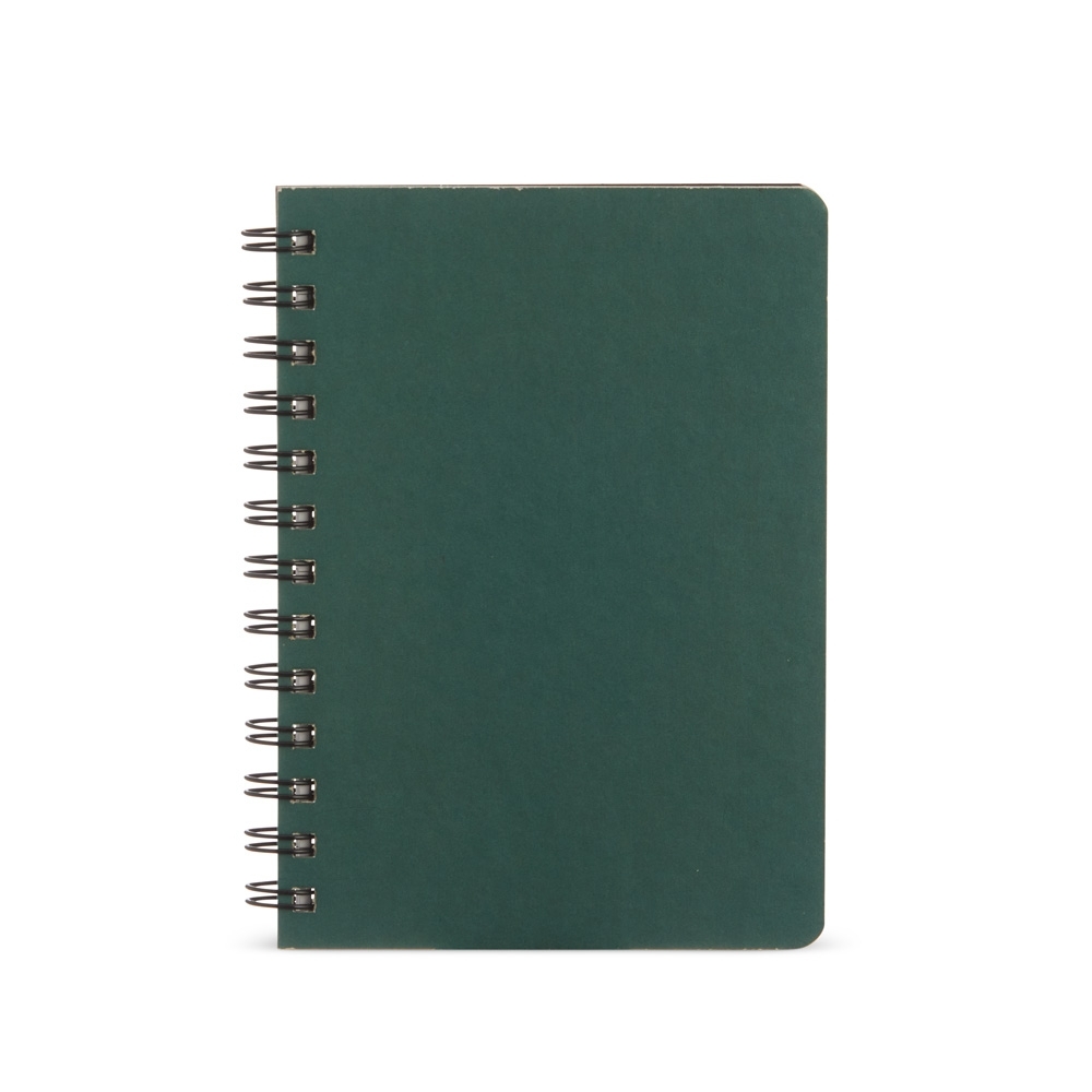 Caderneta kraft 17x13 com pauta e espiral personalizada com a logo da empresa, na cor verde