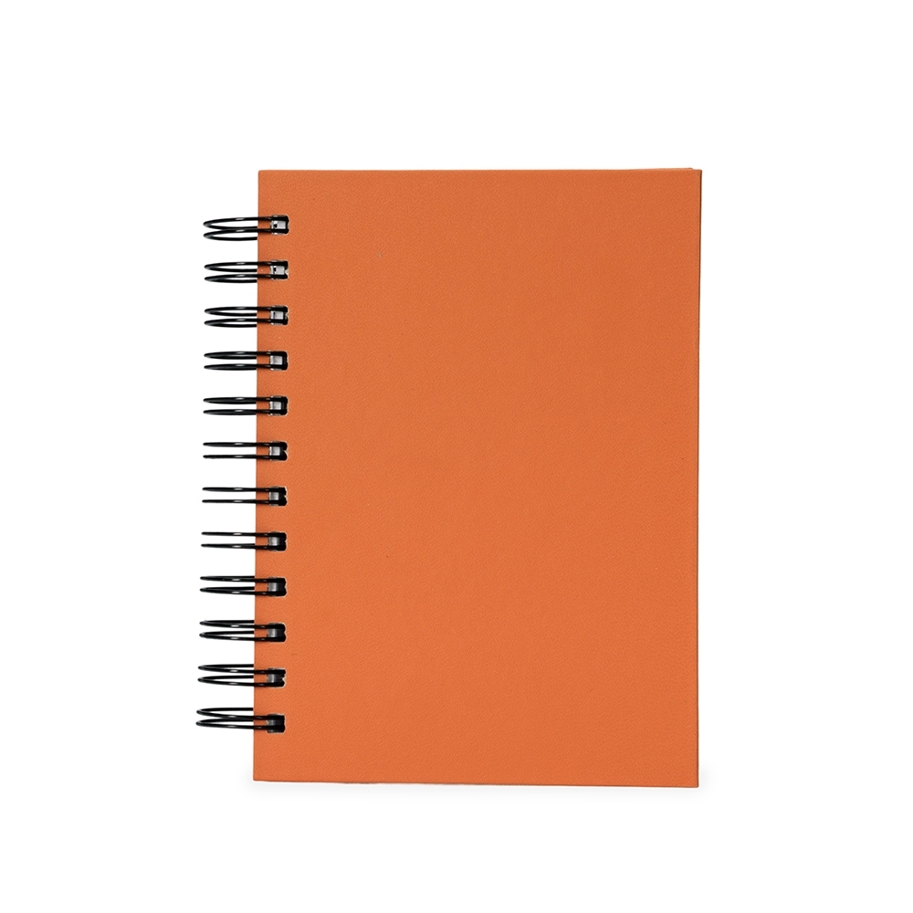 Agenda diária cromato com capa dura e espiral personalizada com a logo da empresa, na cor laranja