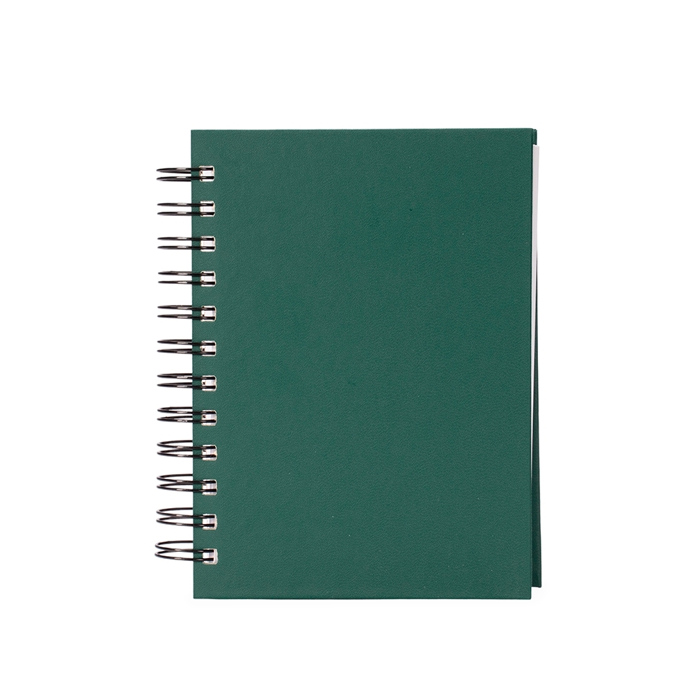 Agenda diária cromato com capa dura e espiral personalizada com a logo da empresa, na cor verde