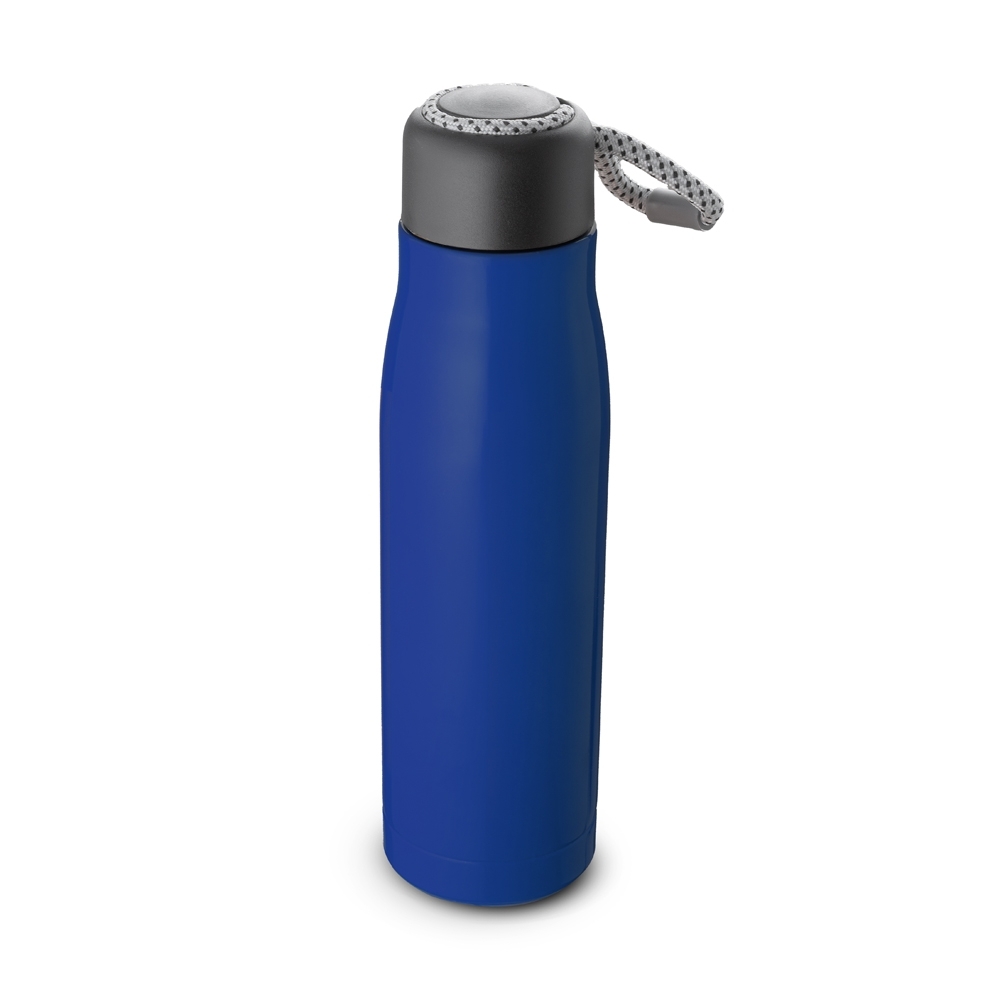 Garrafa térmica inox 550 ml com alça de cordão na tampa na cor Azul, personalizada com a logo da empresa