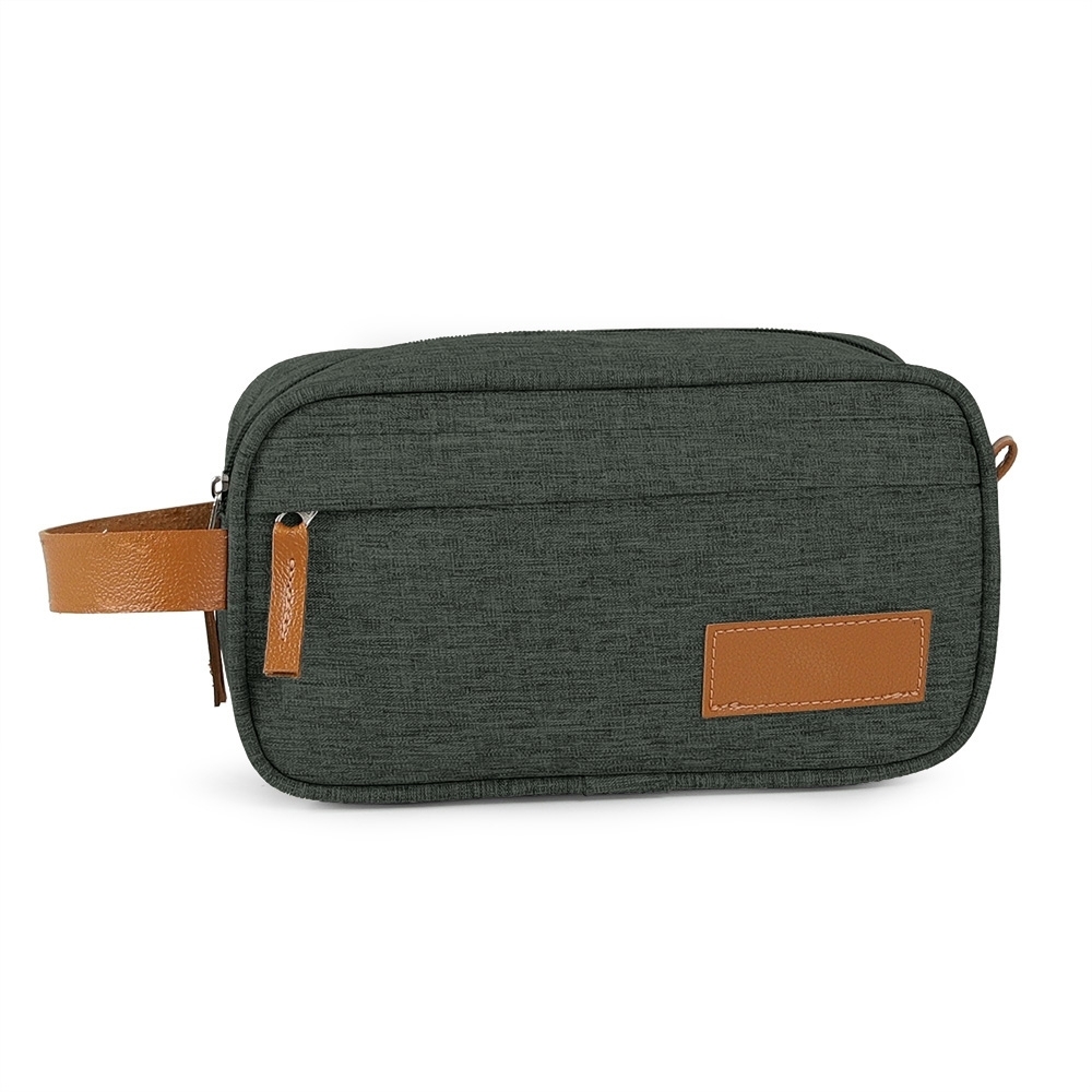 Necessaire de poliéster com 2 compartimentos na cor Cinza escuro / Marrom, personalizada com a logo da empresa