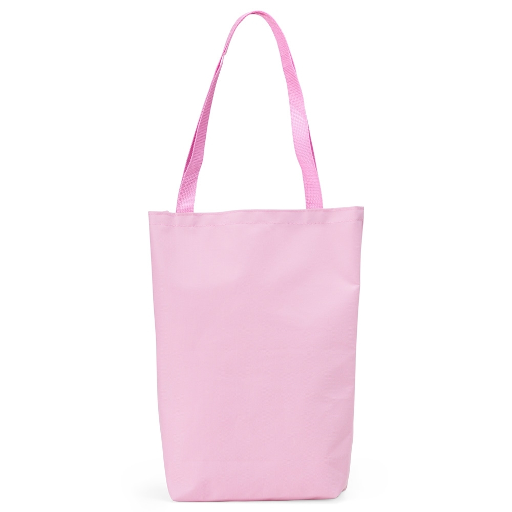 Sacola de nylon com alça personalizada com a logo da empresa, na cor rosa