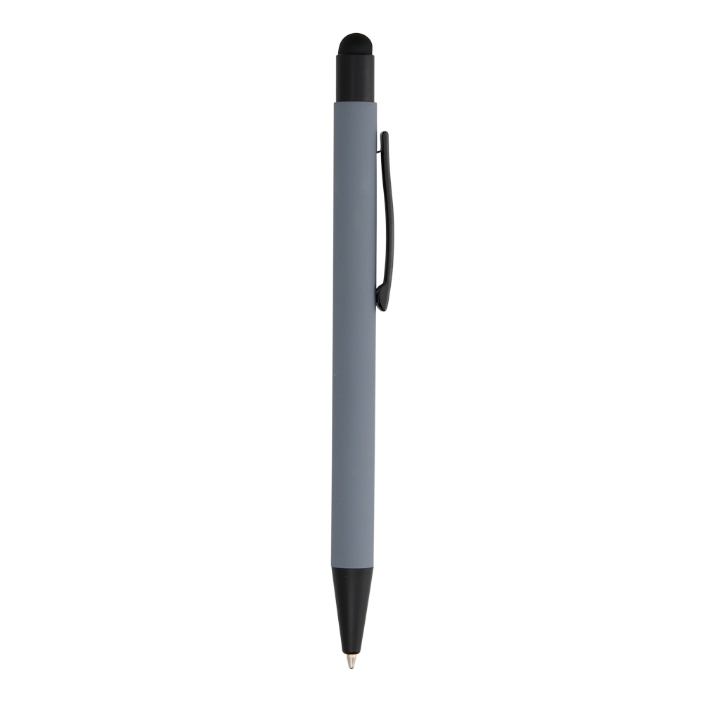 Caneta de metal touch emborrachada de corpo liso com clipe preto na cor Cinza, personalizada com a logo da empresa