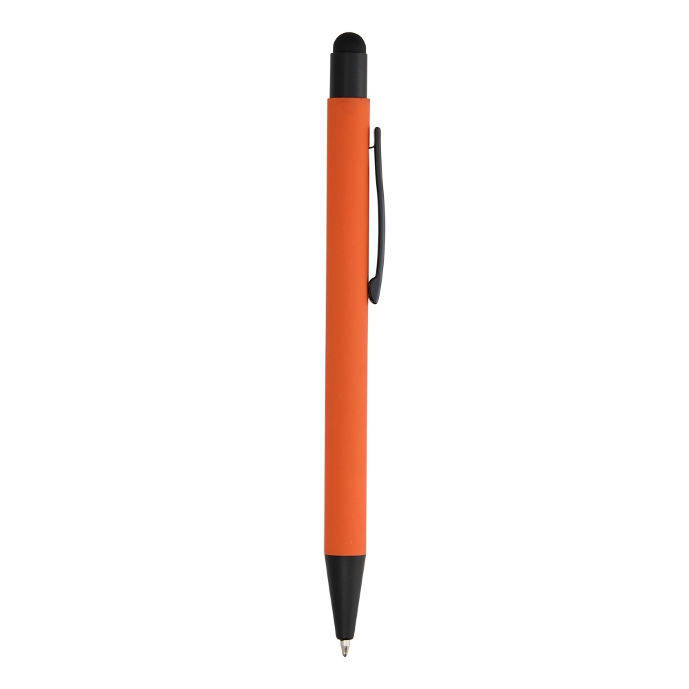 Caneta de metal touch emborrachada de corpo liso com clipe preto personalizada com a logo da empresa, na cor laranja